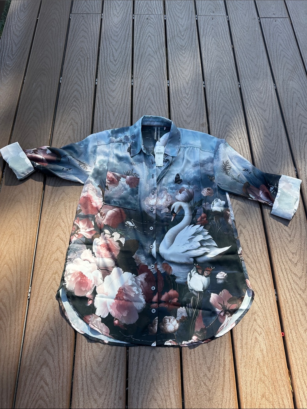 Anthropologie Blue Floral & Swan Button-Front Blouse